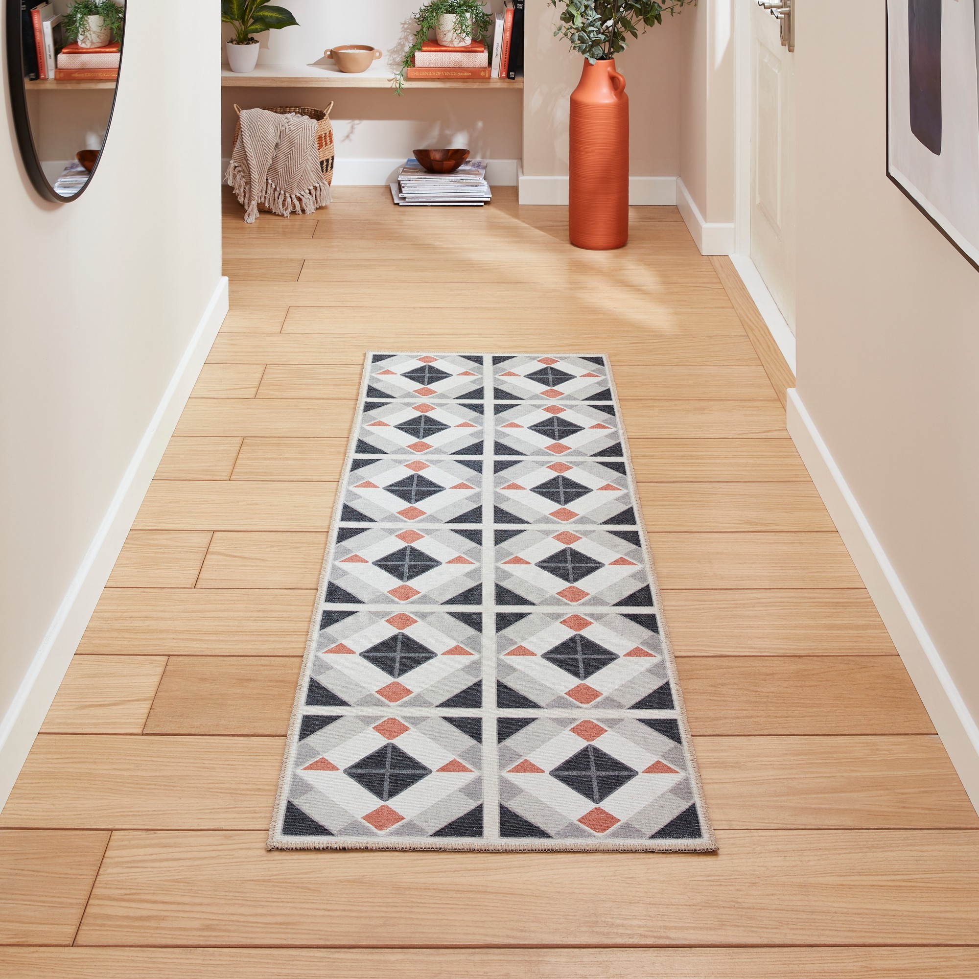 Victoria H1190 Modern Geometric Washable Runner Rugs In Grey Orange